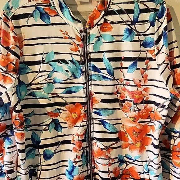 Chico's Weekends Jacket Women's Sz 2 Blue Floral Zip 3/4 Sleeve Beach Colorful - Picture 2 of 5
